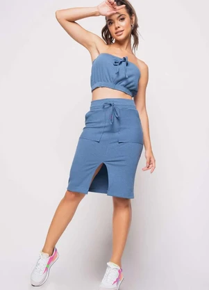 Saia Midi com Bolso Malha Canelada Fashion Azul Salvatore Fashion