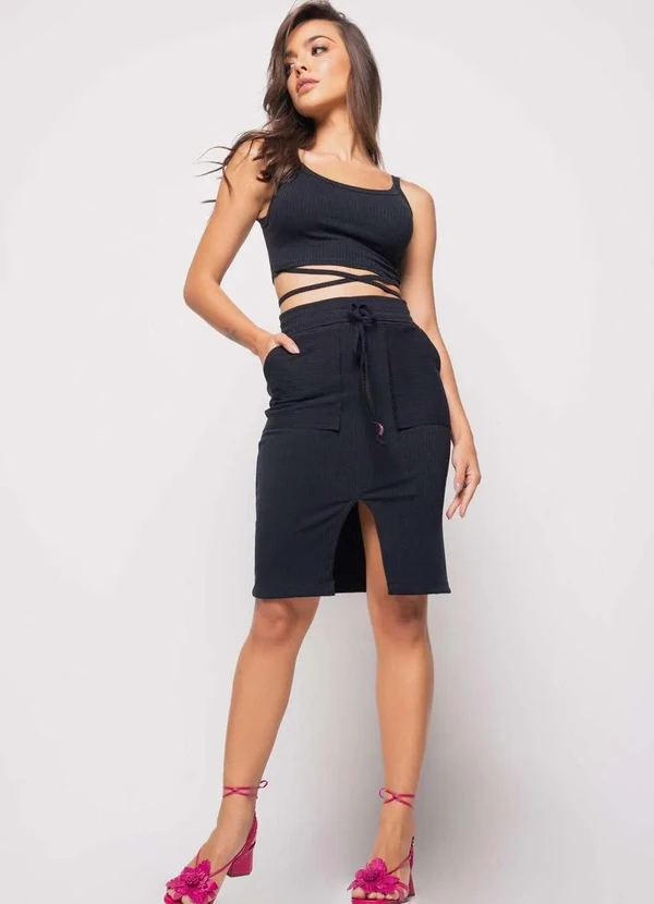 Salvatore Fashion - Saia Midi com Bolso Malha Canelada Fashion Preto 2
