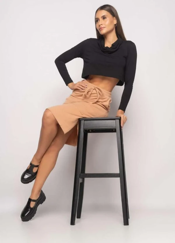 Salvatore Fashion - Saia Midi com Recortes Malha Comfort  Fashion Bege