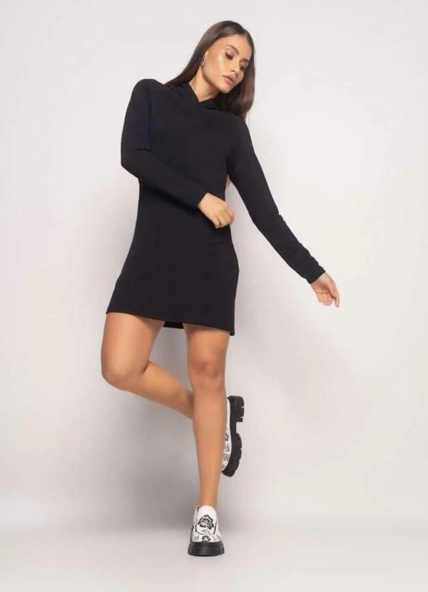 Salvatore Fashion - Vestido Curto com Capuz Manga Longa Moletinho Preto