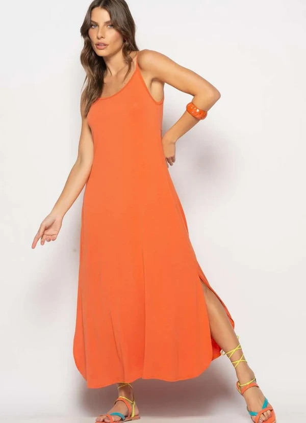 Salvatore Fashion - Vestido Longo Alcinha com Barra Arredondada e Bolsos Laranja