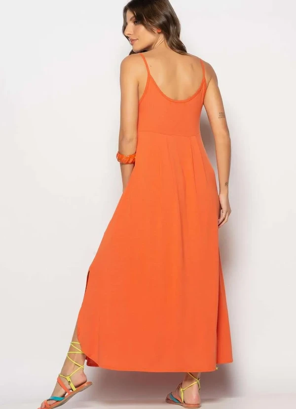 Salvatore Fashion - Vestido Longo Alcinha com Barra Arredondada e Bolsos Laranja 2