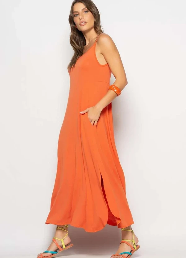 Salvatore Fashion - Vestido Longo Alcinha com Barra Arredondada e Bolsos Laranja 3