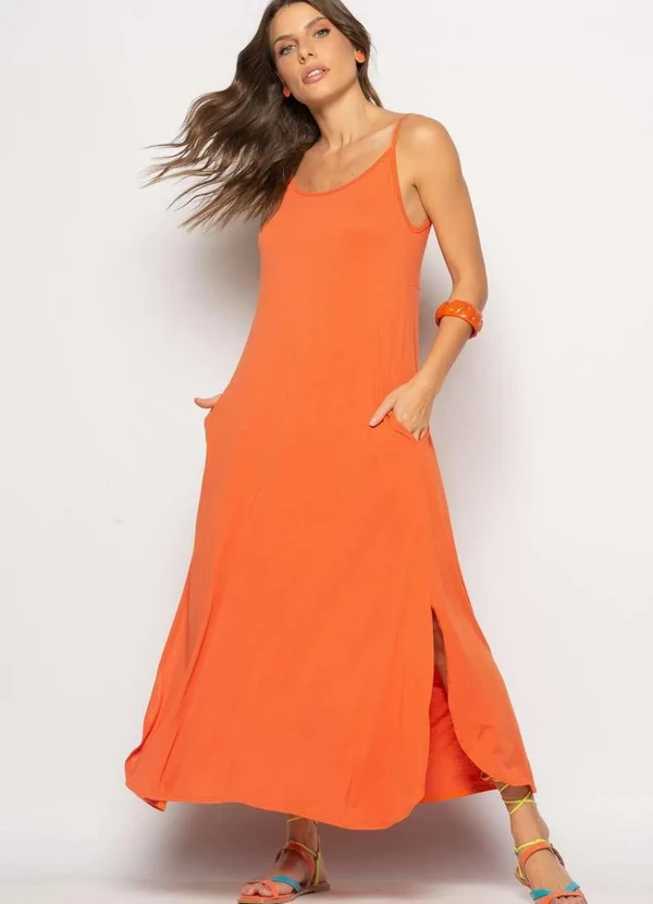 Salvatore Fashion - Vestido Longo Alcinha com Barra Arredondada e Bolsos Laranja 4