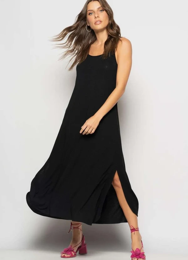 Vestido Longo Alcinha com Barra Arredondada e Bolsos Preto