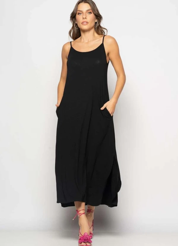 Salvatore Fashion - Vestido Longo Alcinha com Barra Arredondada e Bolsos Preto 3