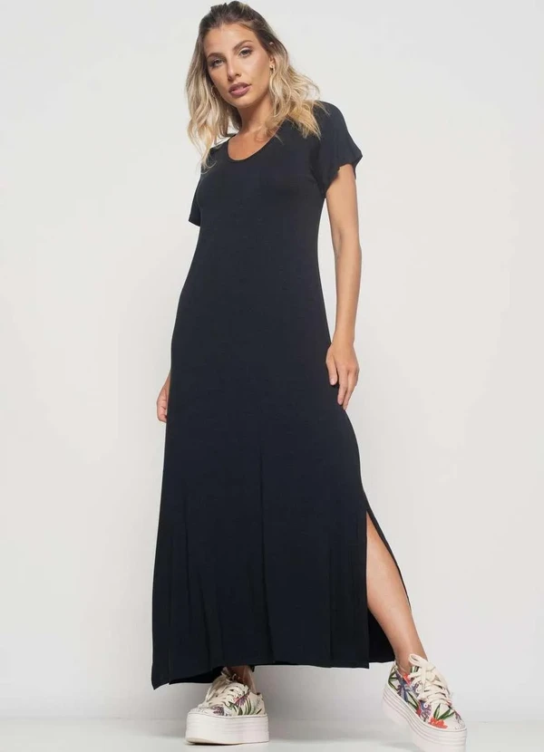 Salvatore Fashion Vestido Longo Manga Curta Malha Fashion Preto