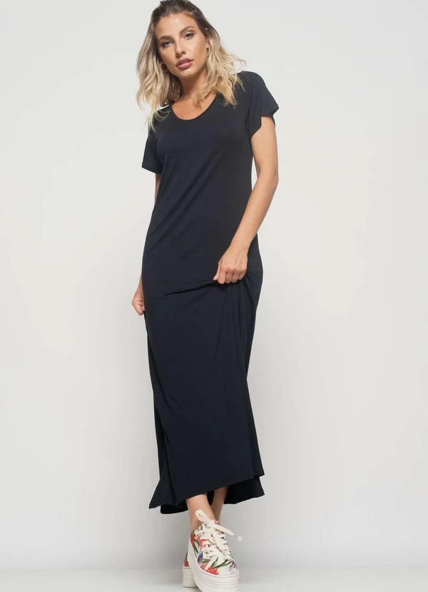 Salvatore Fashion - Vestido Longo Manga Curta Malha Fashion Preto 2