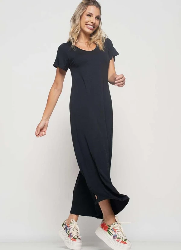 Salvatore Fashion - Vestido Longo Manga Curta Malha Fashion Preto 3
