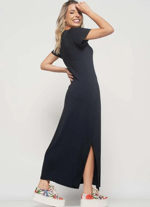 Salvatore Fashion - Vestido Longo Manga Curta Malha Fashion Preto 4