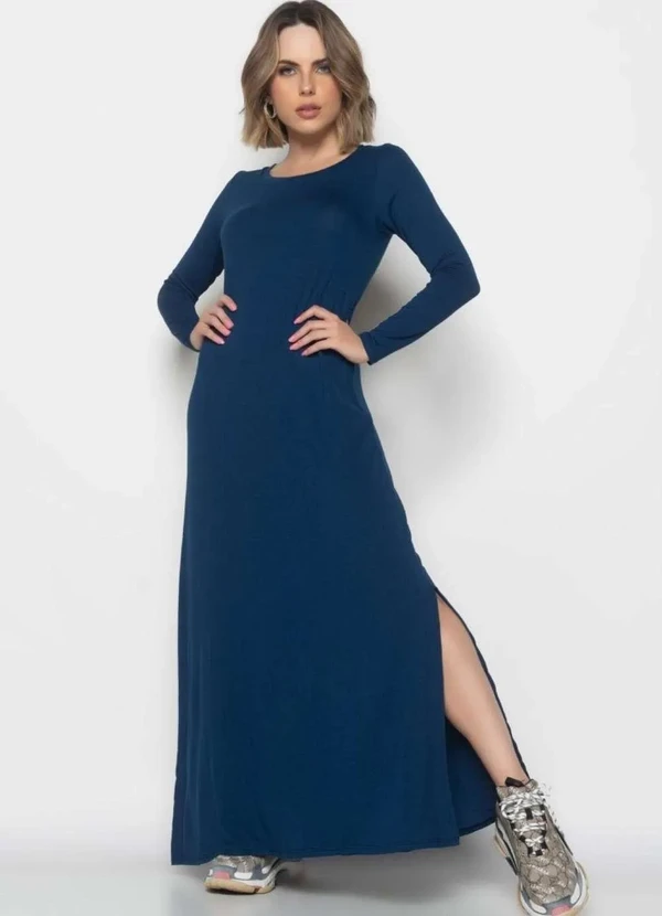 Vestido Canelado Manga Longa Azul Marinho Salvatore Fashion