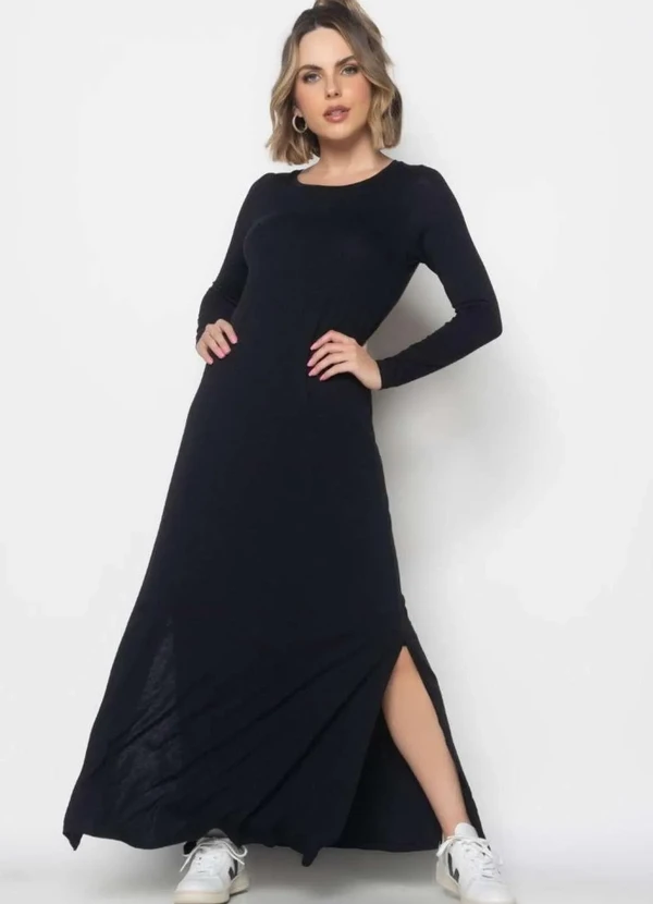 Salvatore Fashion Vestido Longo Manga Longa Malha Fashion Preto