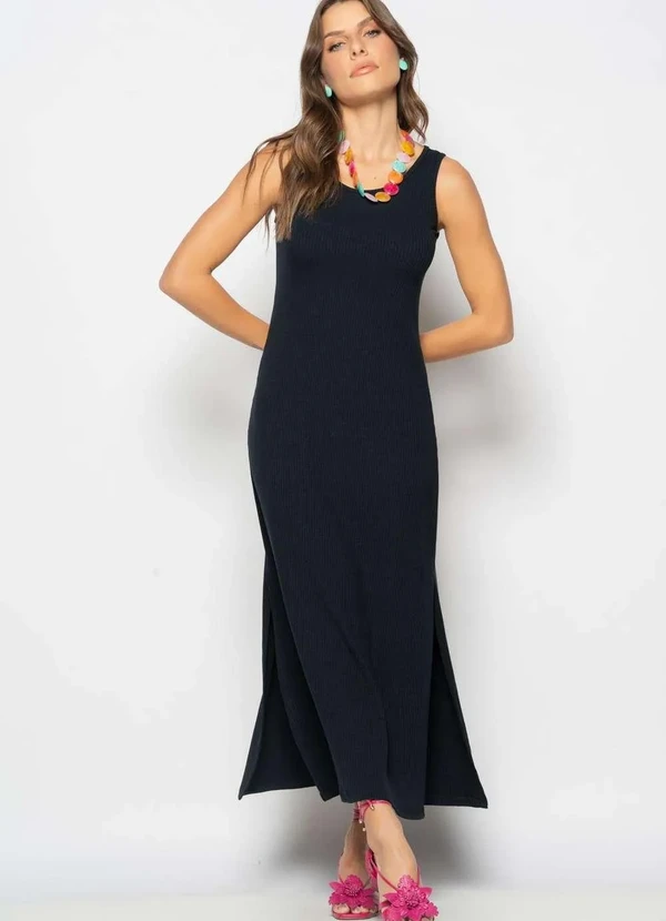 Salvatore Fashion - Vestido Longo Regata com Fenda Canelado Preto 2