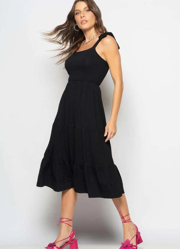 Salvatore Fashion - Vestido Midi Babado com Alça Amarração Malha Preto