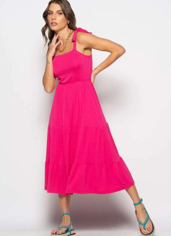 Salvatore Fashion - Vestido Midi Babado com Alça Amarração Malha Rosa
