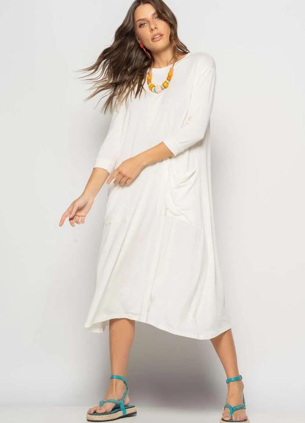 Salvatore Fashion - Vestido Midi com Bolsos e Manga 7/8 Bege 1