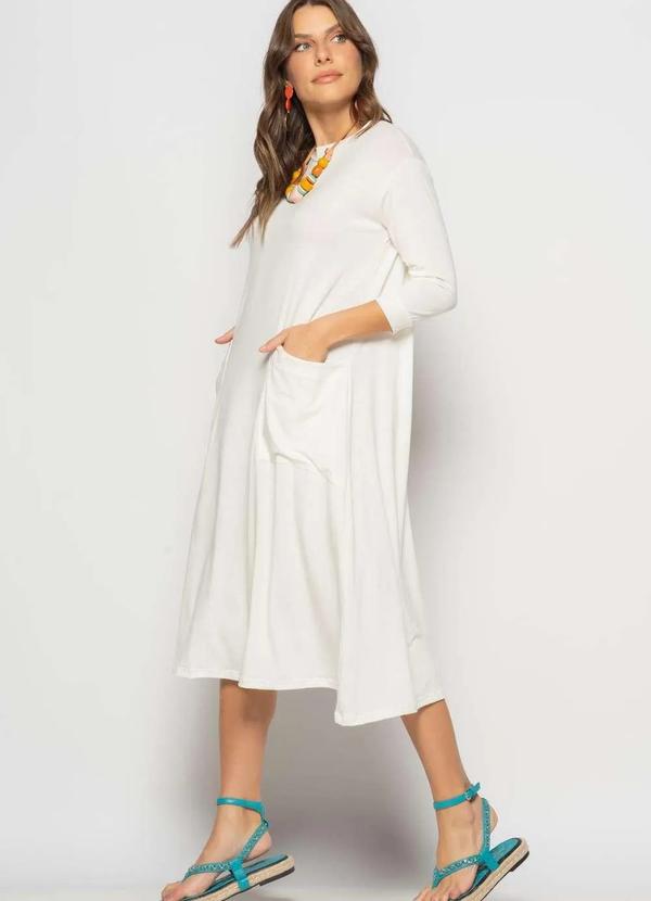 Salvatore Fashion - Vestido Midi com Bolsos e Manga 7/8 Bege 2