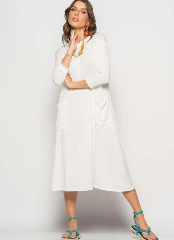 Salvatore Fashion - Vestido Midi com Bolsos e Manga 7/8 Bege 4