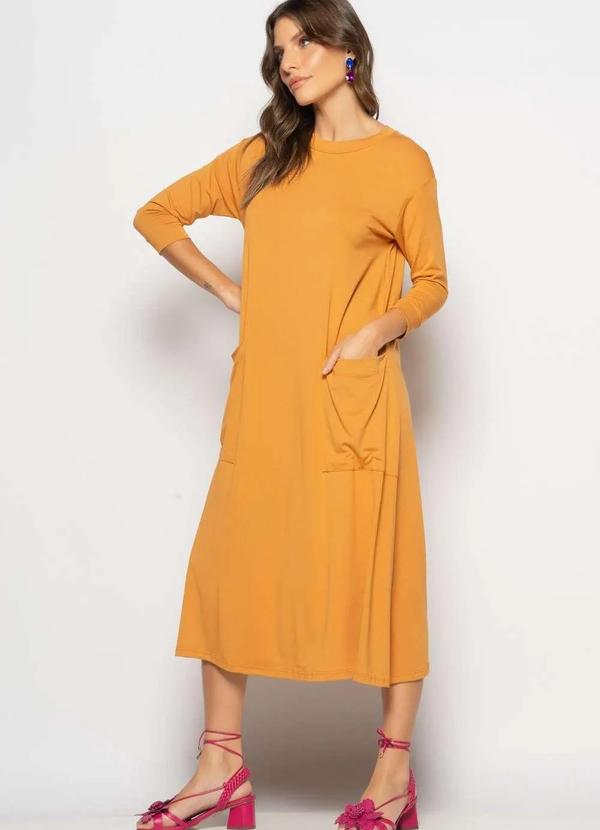 Salvatore Fashion - Vestido Midi com Bolsos e Manga 7/8 Marrom