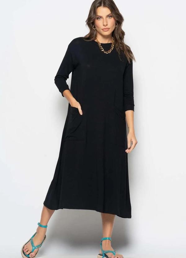 Salvatore Fashion - Vestido Midi com Bolsos e Manga 7/8 Preto 1