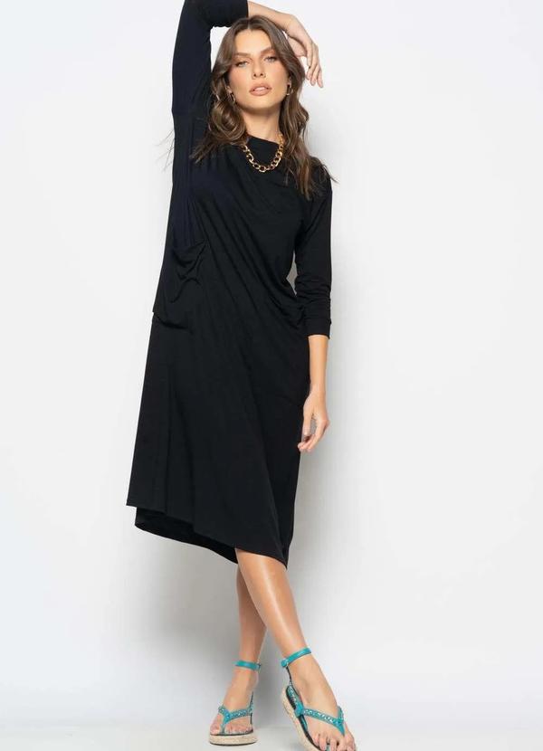 Salvatore Fashion - Vestido Midi com Bolsos e Manga 7/8 Preto 2