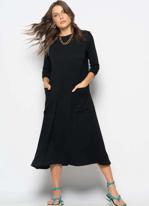 Salvatore Fashion - Vestido Midi com Bolsos e Manga 7/8 Preto 3