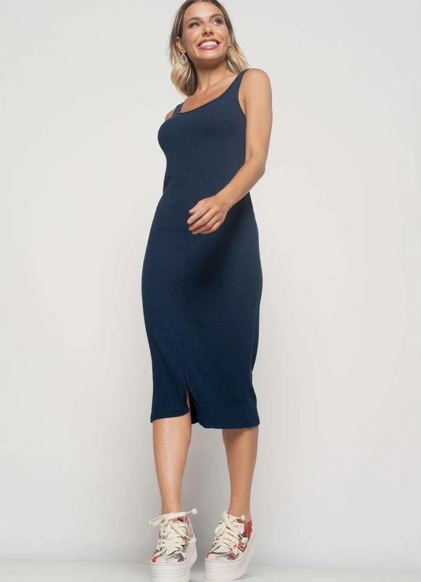 Salvatore Fashion - Vestido Midi Fenda Canelado Fashion Azul 1