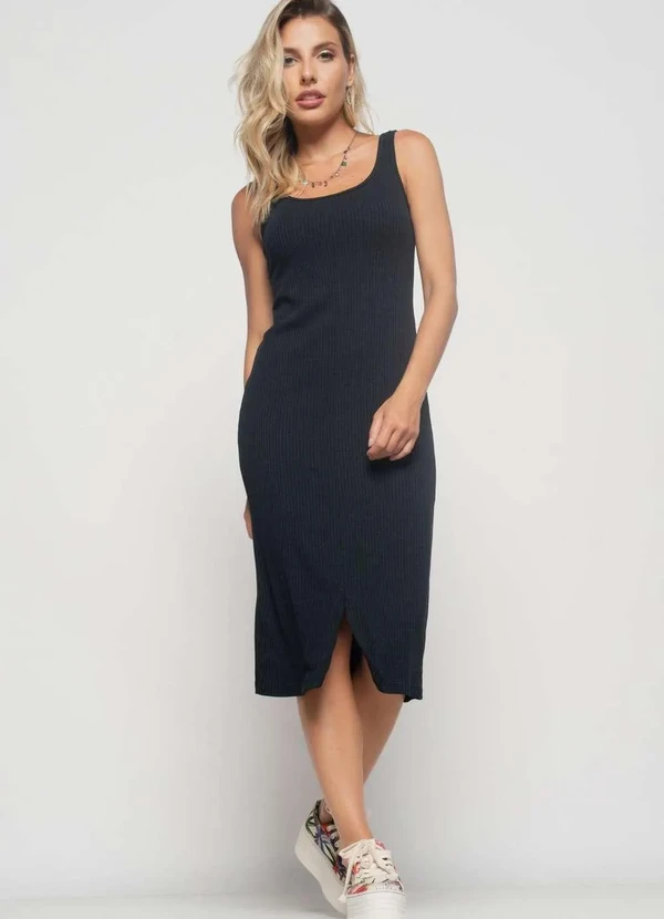 Salvatore Fashion - Vestido Midi Fenda Canelado  Fashion Preto