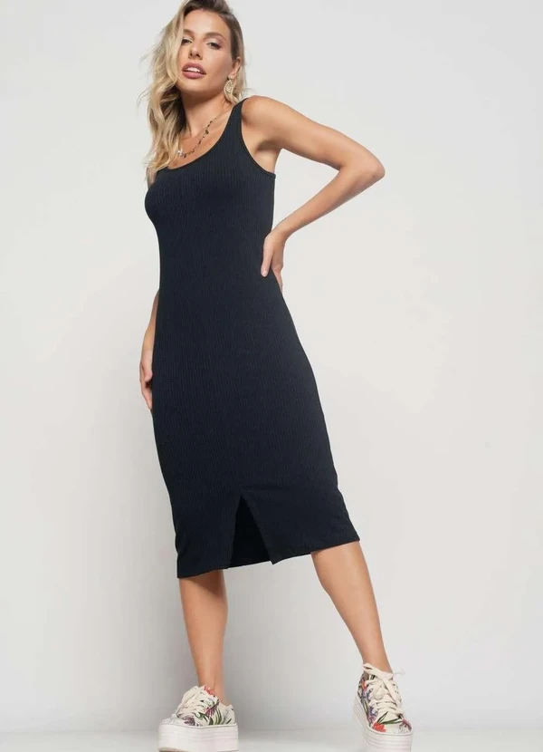 Salvatore Fashion - Vestido Midi Fenda Canelado  Fashion Preto 2