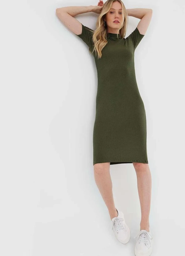 Salvatore Fashion - Vestido Midi Manga Curta Canelado Fashion Verde