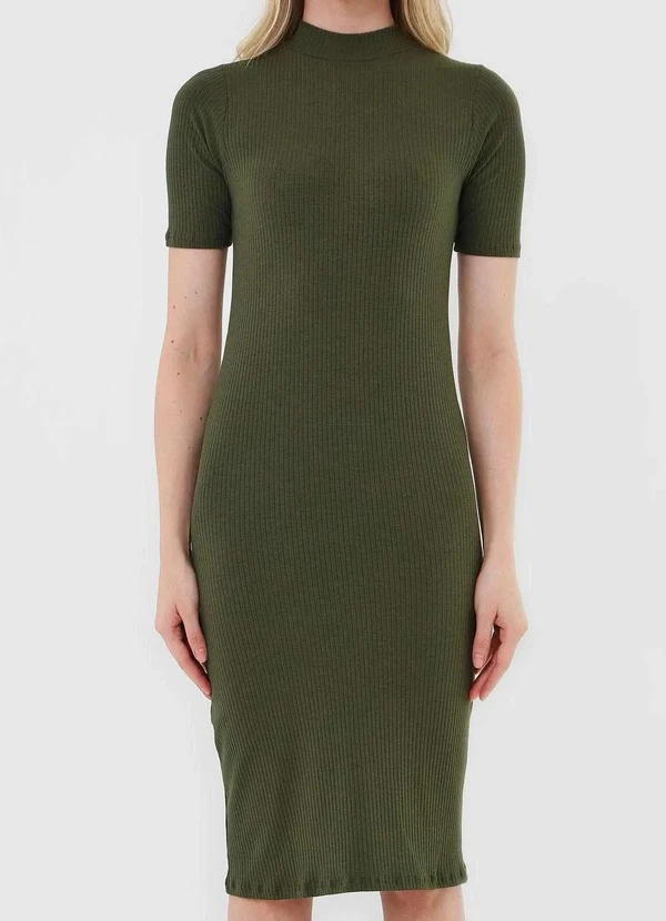 Salvatore Fashion Vestido Midi Manga Curta Canelado Fashion Verde