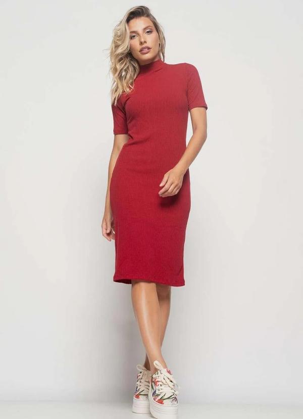 Salvatore Fashion - Vestido Midi Manga Curta Canelado Fashion Vermelho
