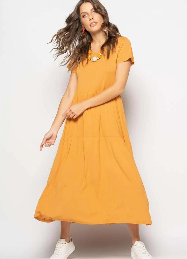 Salvatore Fashion - Vestido Midi Manga Curta com Babado Marrom 2