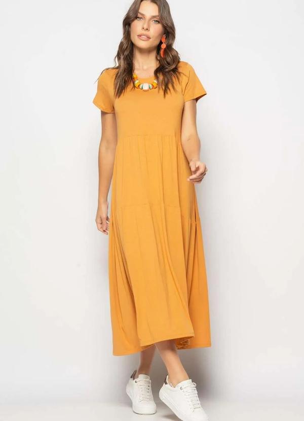 Salvatore Fashion - Vestido Midi Manga Curta com Babado Marrom 3