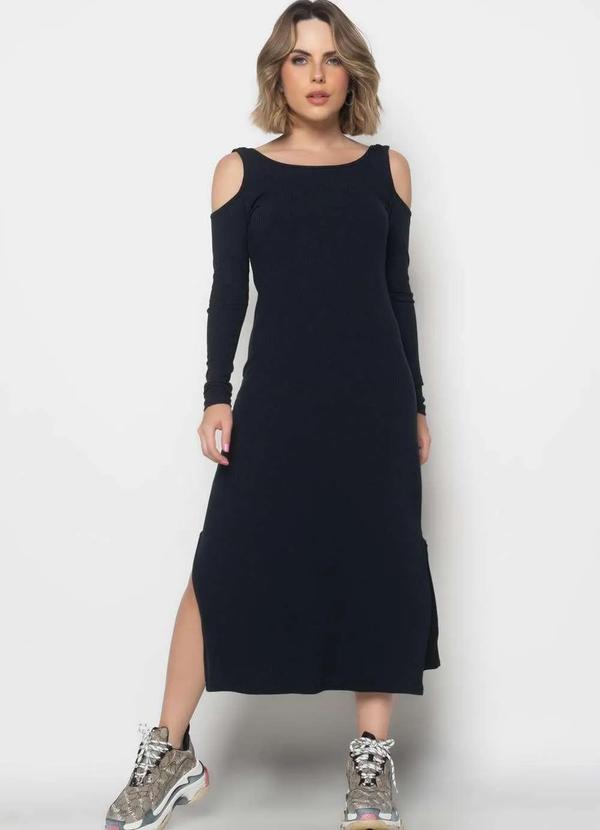 Salvatore Fashion - Vestido Midi Ombro Vazado Manga Longa Canelado Fashion Preto