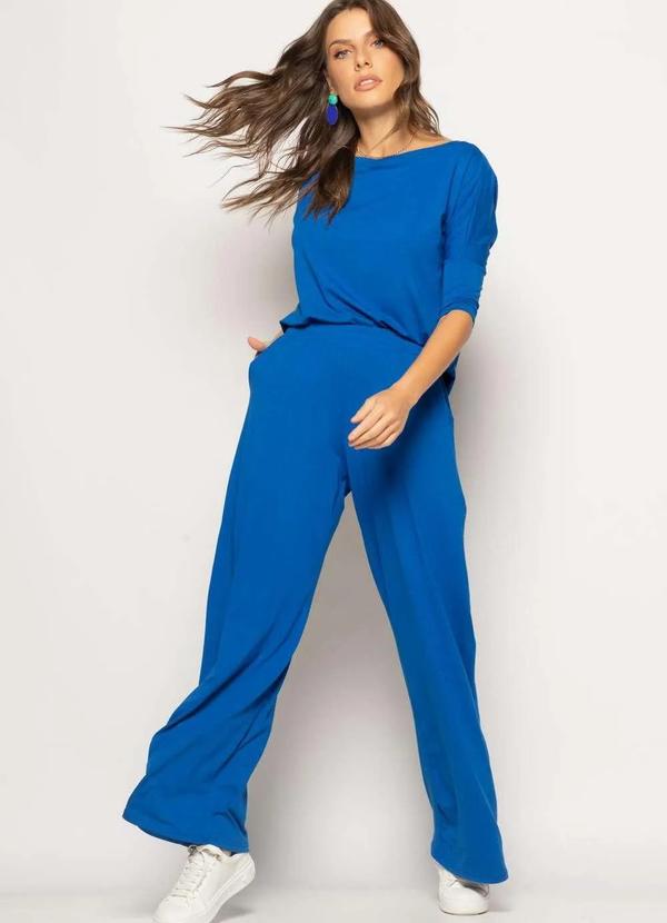 Salvatore Fashion - Conjunto Blusa Canoa 3/4 e Wide Leg Malha Azul