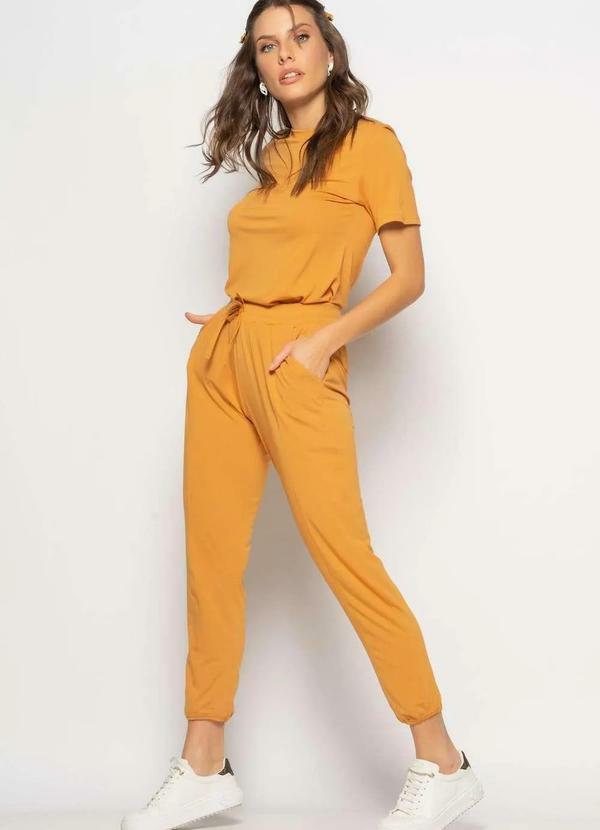 Salvatore Fashion - Conjunto Blusa Gola Redonda M/C e Jogger Recortes Malha Marrom