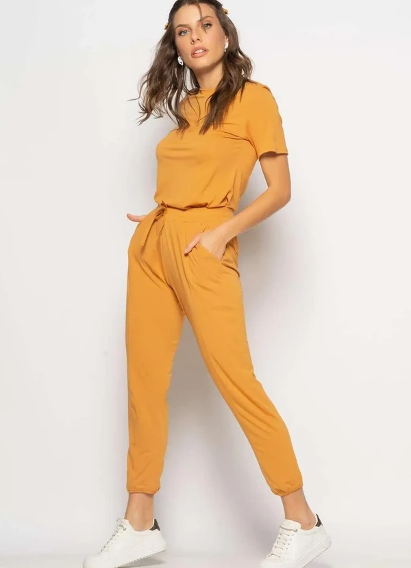 Salvatore Fashion - Conjunto Blusa Gola Redonda M/C e Jogger Recortes Malha Marrom