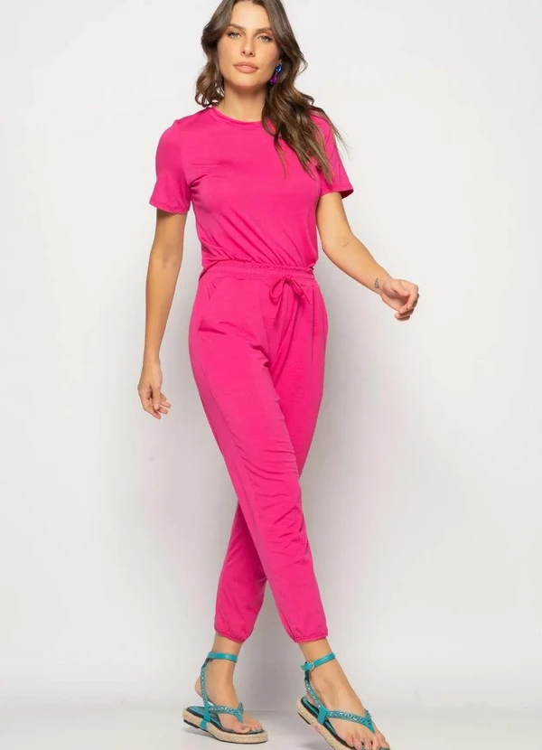 Salvatore Fashion - Conjunto Blusa Gola Redonda M/C e Jogger Recortes Malha Rosa