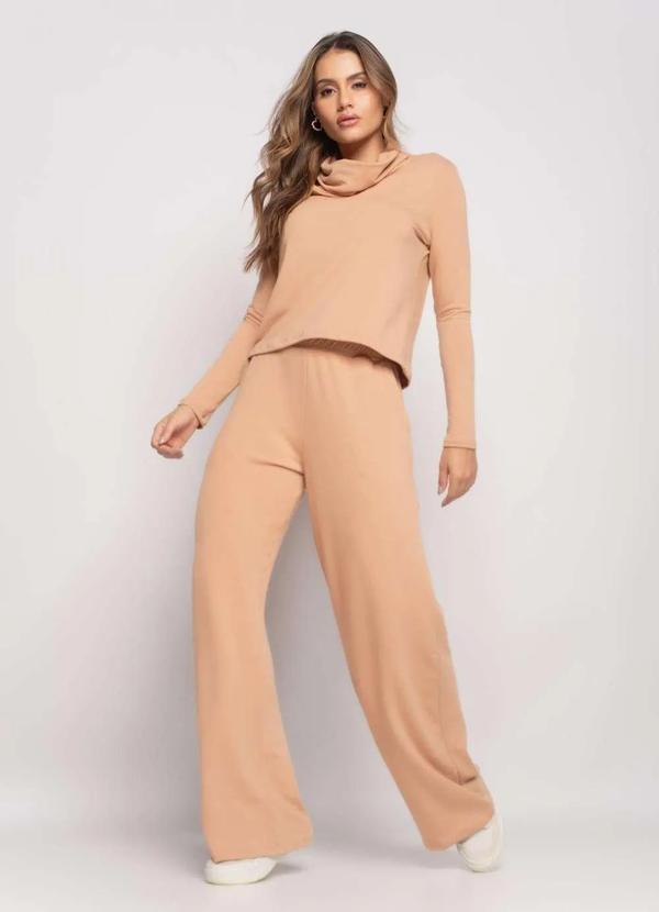 Salvatore Fashion - Conjunto de Moletinho com Blusa Golão e Calça Wide Leg  Fashion Bege 2