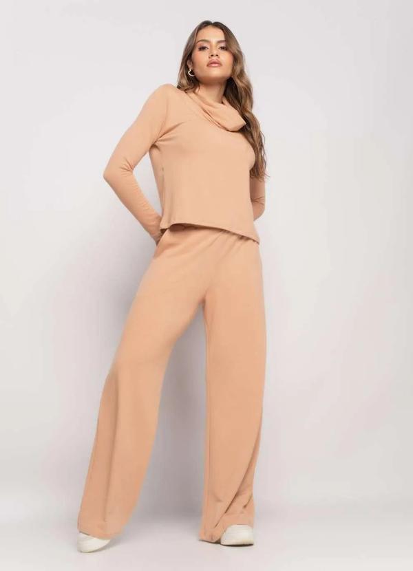 Salvatore Fashion - Conjunto de Moletinho com Blusa Golão e Calça Wide Leg  Fashion Bege 3