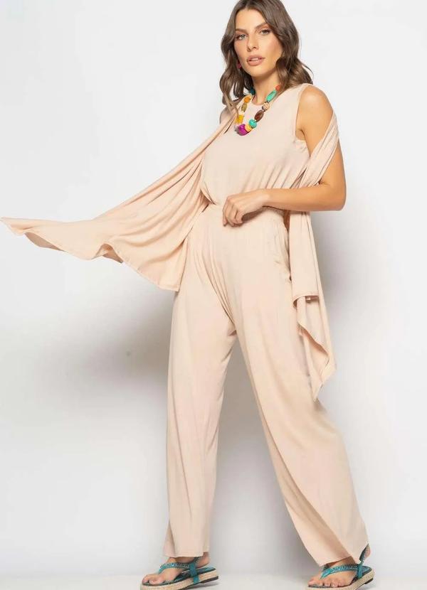 Salvatore Fashion - Conjunto com Kimono, Regata e Wide Leg Malha Bege 2