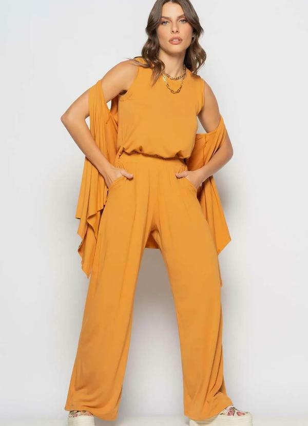 Salvatore Fashion - Conjunto com Kimono, Regata e Wide Leg Malha Marrom