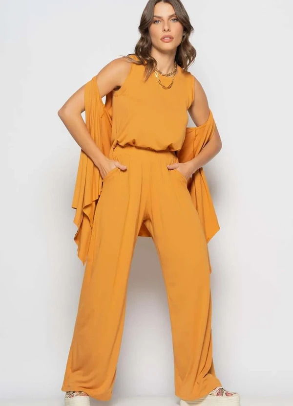 Salvatore Fashion - Conjunto com Kimono, Regata e Wide Leg Malha Marrom