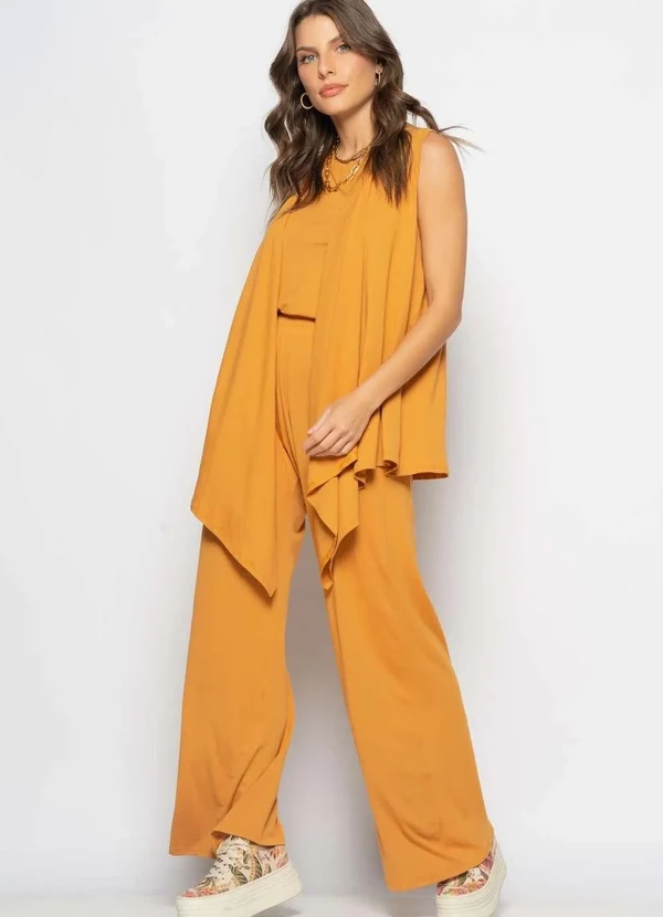 Salvatore Fashion - Conjunto com Kimono, Regata e Wide Leg Malha Marrom 2