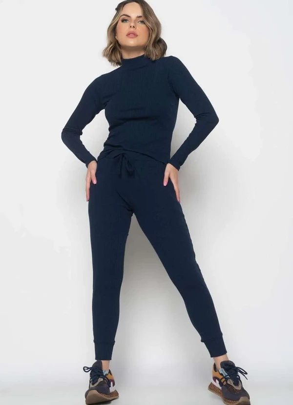 Salvatore Fashion - Conjunto Comfy Bl. Gola Alta M/Longa e Jogger Canelado Azul