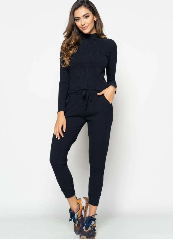 Salvatore Fashion - Conjunto Comfy Bl. Gola Alta M/Longa e Jogger Canelado Preto 4