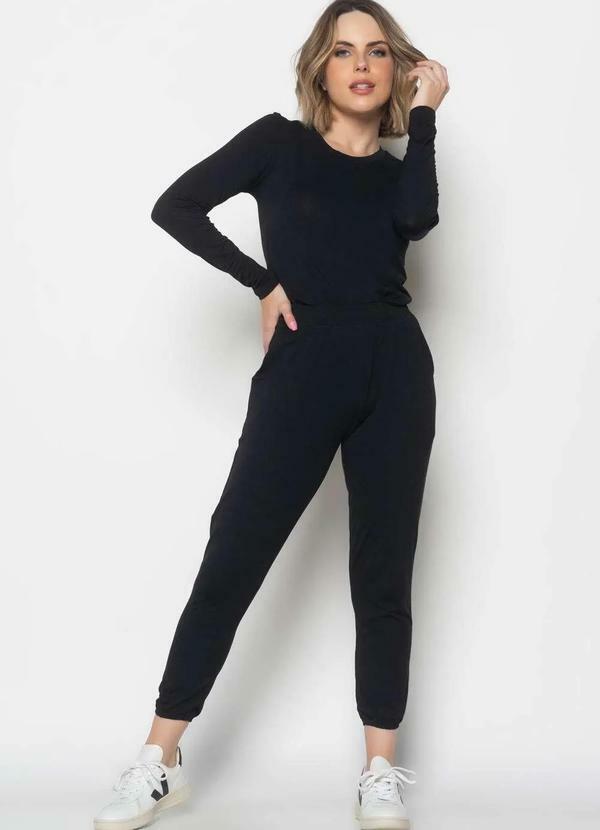 Salvatore Fashion - Conjunto Comfy Blusa M/Longa e Jogger Recorte Malha Preto