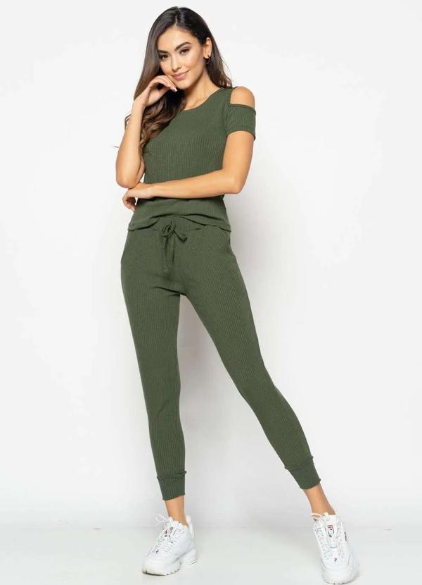 Salvatore Fashion - Conjunto Comfy com Blusa Ombro Vazado e Jogger Canelada Fashion Verde