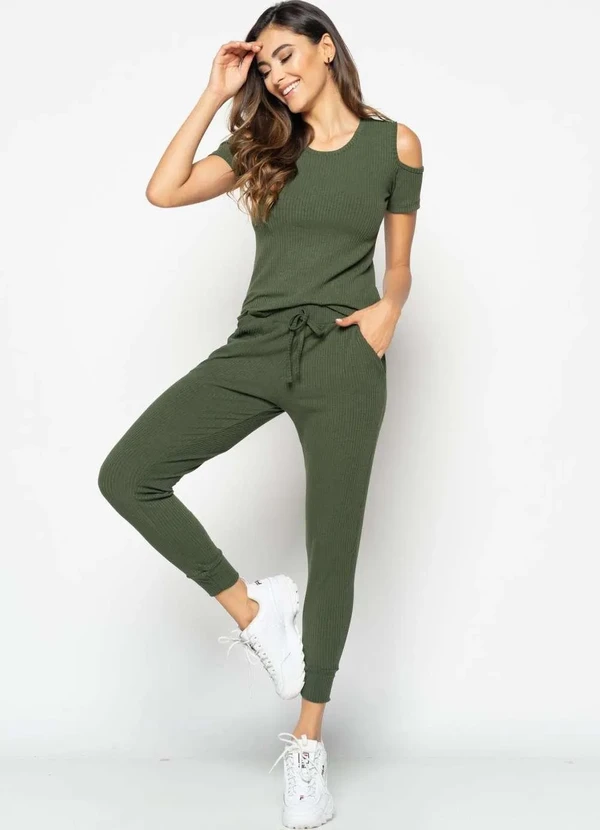 Salvatore Fashion - Conjunto Comfy com Blusa Ombro Vazado e Jogger Canelada  Fashion Verde 2